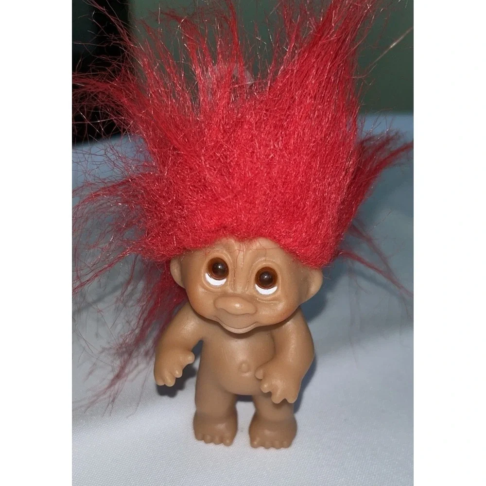 Vintage 1985 DAN Troll Doll 3' Red Hair Amber Eyes No Clothes Plastic Tag Loop